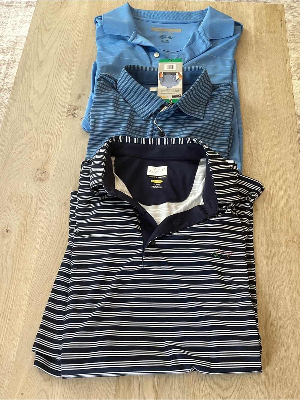 Greg Norman Men’s Polo Shirt Bundle XL | Performance Golf Shirts Blue Striped